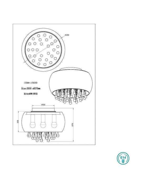 Globo Lighting Kalla Ceiling Mount Light 35cm Silver with Socket E14 with Crystals