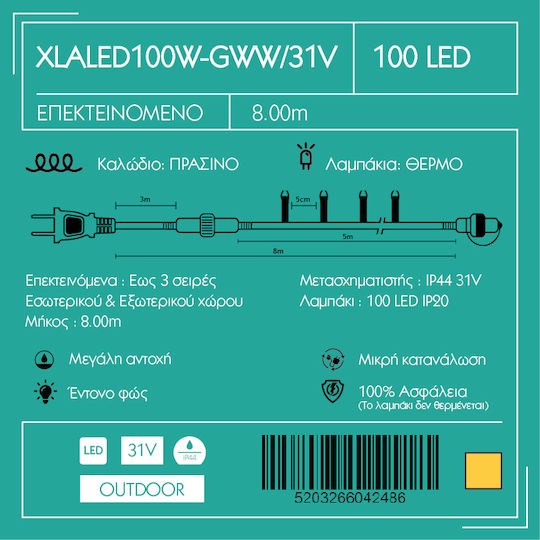 100 Lichterketten LED 8m. Warmes Weiß in Zeichenfolge 1Stück