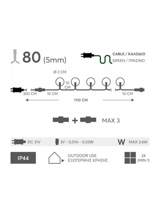 80 Lights LED 3m. Multicolor in String 1pcs