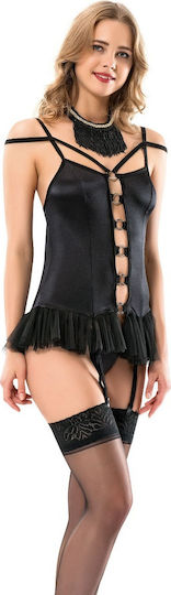 Moongirl Сет Babydoll Сатен с Жартиери & String Секси Комплект Бельо Черен MG1075