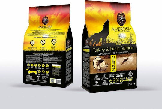 Ambrosia Turkey & Fresh Salmon Mini Adults 2kg Dry Food Grain-Free for Adult Small Breed Dogs with Turkey and Salmon