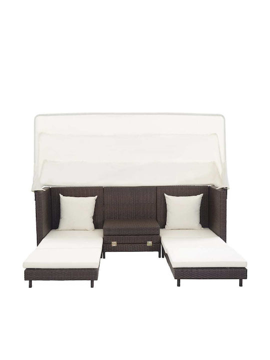 Șezlong Pat Triplu Rattan cu Pernă și Parasolar Maro 200x185x70cm