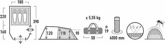 High Peak Winter Camping Tunnel Mountaineering Grey with Double Cloth for 3 People Waterproof 4000mm 380x180x120cm