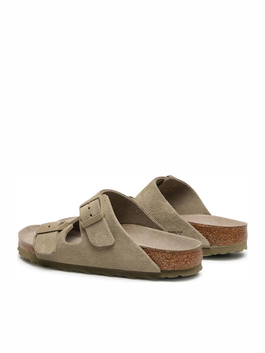 Arizona Soft Footbed Suede Leather Women's Flat Sandals Anatomic in Khaki Color Narrow Fit