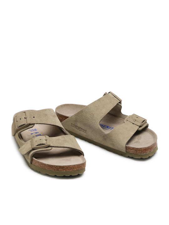 Arizona Soft Footbed Suede Leather Women's Flat Sandals Anatomic in Khaki Color Narrow Fit