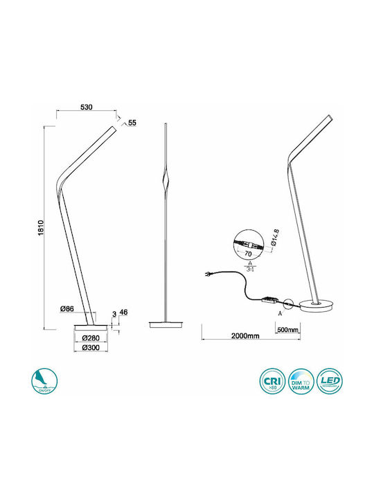 Cinque Cicenza LED Floor Lamp H181xW30cm. with Natural White Light 4500lm Black