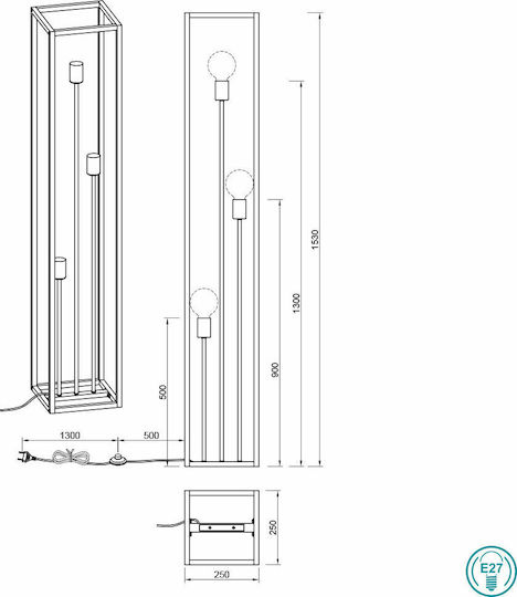 Trio Lighting Vito Vintage Floor Lamp H153xW25cm. with Socket for Bulb E27 Black