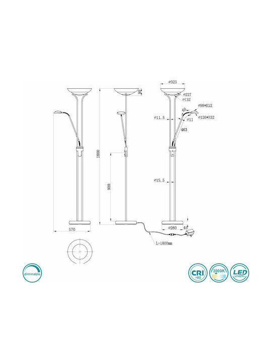 Trio Lighting Orson Vintage LED Φωτιστικό Δαπέδου Υ180xΜ57εκ. με Θερμό Λευκό Φως 2700lm Μαύρο