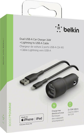 Belkin Car Charger 24W 2.4A with Ports: 2xUSB with Cable Lightning Black Color