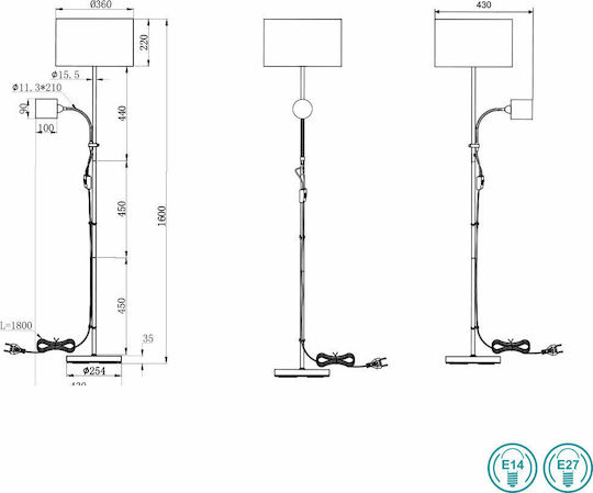Trio Lighting Owen Floor Lamp H160xW36cm. with Socket for Bulb E27 Brown
