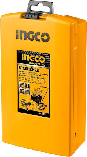 Ingco Set of 25 1-13mm Drills HSS with Cylindrical Shank for Metal