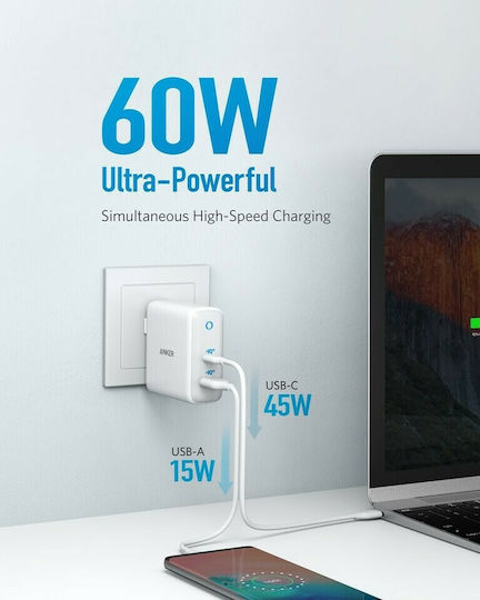 Anker Φορτιστής Χωρίς Καλώδιο GaN με Θύρα USB-A και Θύρα USB-C 60W Power Delivery Λευκός (PowerPort Atom III)