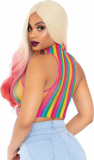Leg Avenue 81610 Rainbow Fishnet High Neck Crop Top