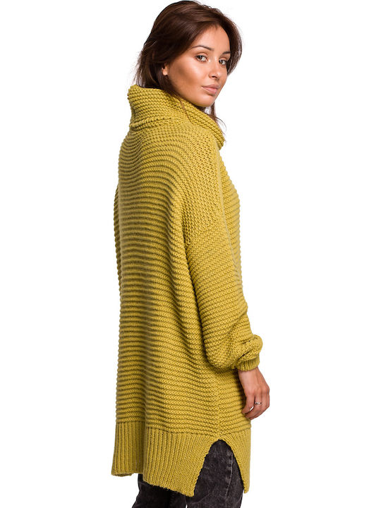 BE Knit BK047 Women's Knitting Tunic Dress Turtleneck Long Sleeve Yellow