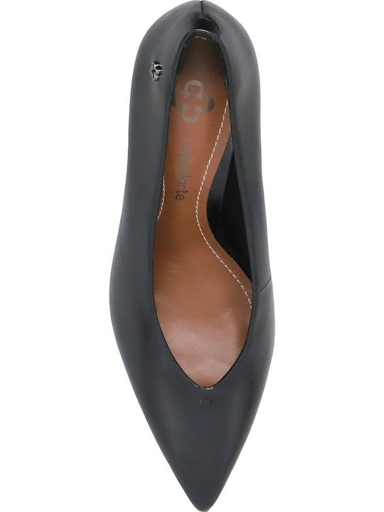 Leather Pointed Toe Heels with Chunky High Heel Black