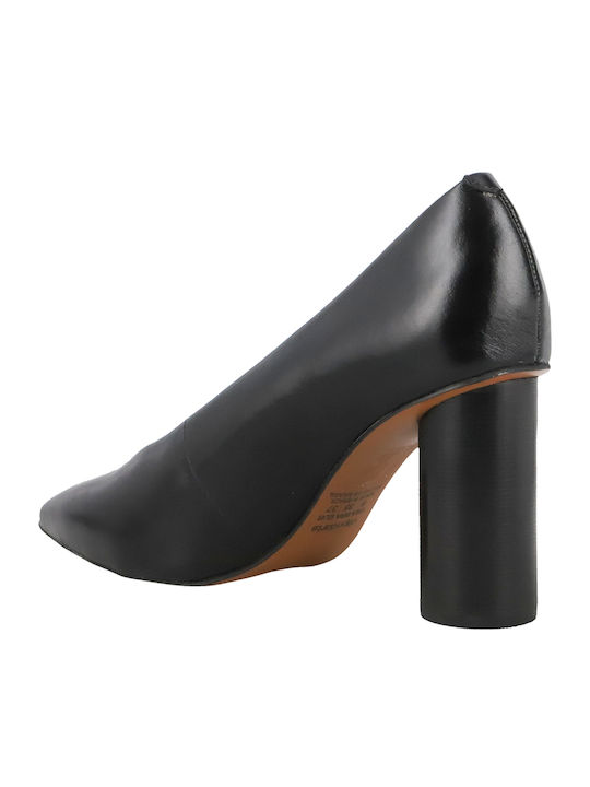 Leather Pointed Toe Heels with Chunky High Heel Black