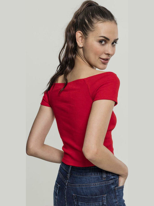 Women's Summer Crop Top Off-Shoulder Cotton Short Sleeve Red