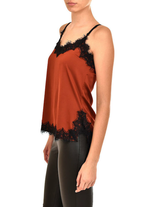 Γυναικείο Σατέν Lingerie Top με Δαντέλα Καφέ