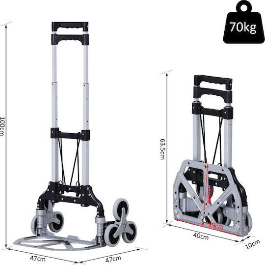 Durhand Transport Trolley Folding Cart Aluminum 6 Wheels Foldable for Weight Load up to 70kg Silver