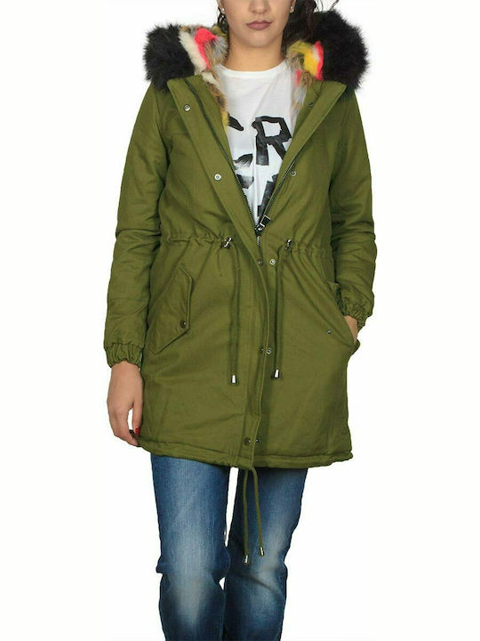 Damen Khaki Parka mit schwarzem und mehrfarbigem Kunstfell Regular Fit - 2776-kh-bmul