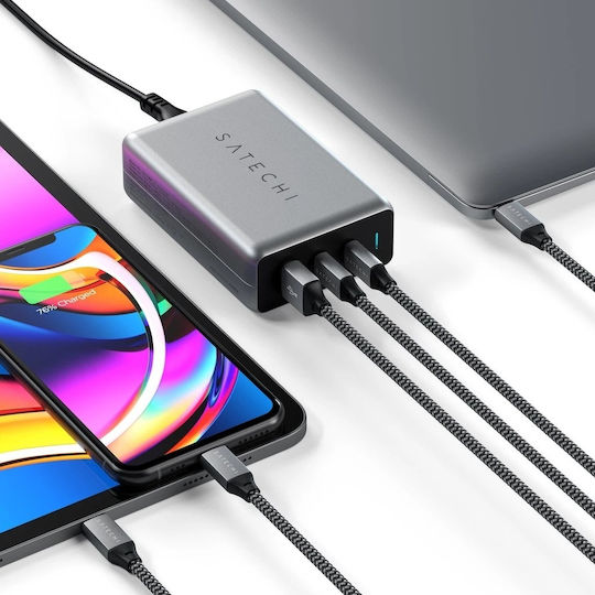 Satechi Stație De Încărcare GaN Cu Port USB-A Și 2 Porturi USB-C 100W Livrarea Energiei În Culoare Gri (Compact GaN)