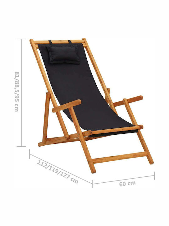 Deckchairs Wooden with Armrest & Black Fabric 127x60x95cm