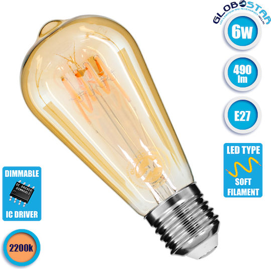 GloboStar LED Bulb 6W 140mm for Socket E27 and Shape ST64 Warm White 490lm Dimmable