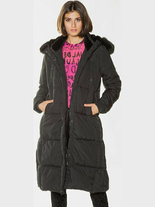 Katia Lungă Jachetă de femei Puffer cu glugă de blană Negru