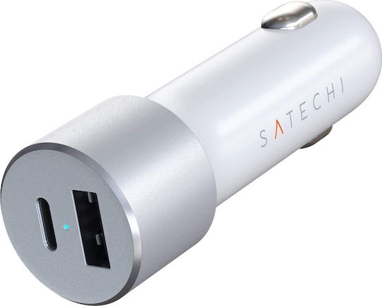 Satechi Auto-Ladegerät 72W 3A mit Anschlüssen: 1xUSB 1xType-C mit Kabel Typ-C,TC-TC Silber Farbe