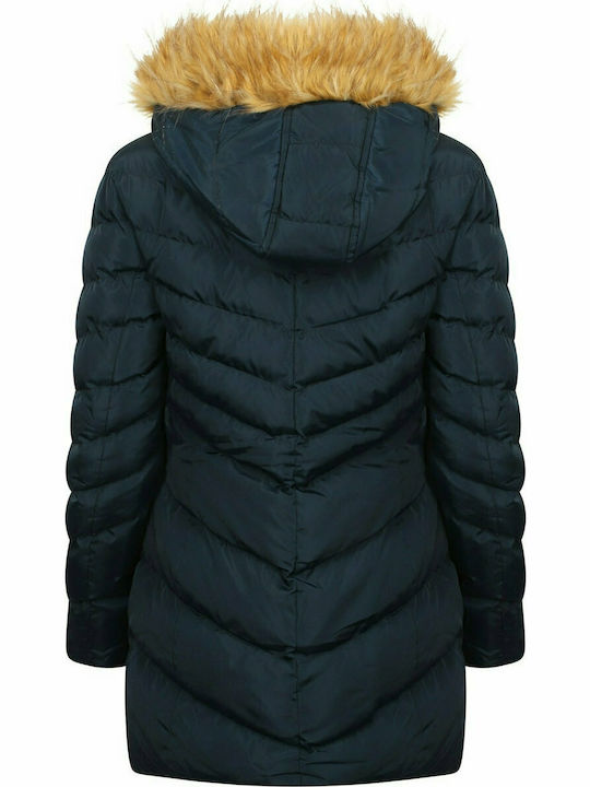 Tokyo Laundry Lotus Longline Quilted Puffer Coat with Faux Fur Trim Hood 3J11821 - Navy