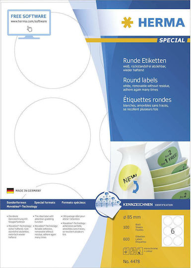 Herma 600 Self-Adhesive Round A4 Labels 85mm