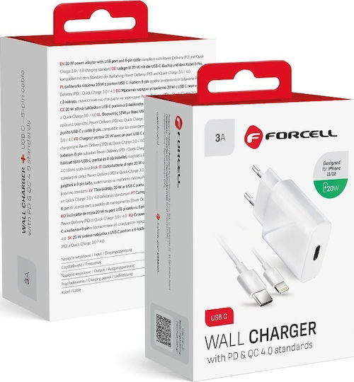 Forcell Incarcător Cu Port USB-C Și Cablu USB-C - Lightning 20W Livrarea Energiei Alb