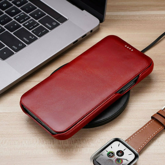 iCarer Curved Edge Genuine Leather Book Δερμάτινο / Δερματίνης Κόκκινο (iPhone 12 Pro Max)