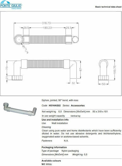 Ponte Giulio 130 Series Plastic Siphon Sink Flexible with Length 67.5cm White