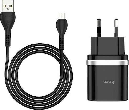 Hoco Φορτιστής με Θύρα USB-A και Καλώδιο micro USB 18W Quick Charge 3.0 Μαύρος (C12Q Smart)