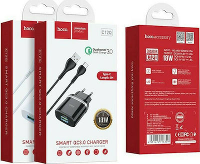 Hoco Φορτιστής με Θύρα USB-A και Καλώδιο USB-C 18W Quick Charge 3.0 Λευκός (C12)