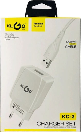 KLGO Charger with USB-A Port and Cable micro USB Whites (KC-2)