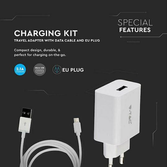 V-TAC Charger with USB-A Port and Cable micro USB Whites (VT-5371)