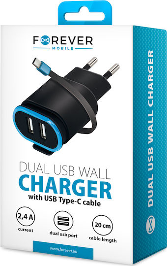 Forever Φορτιστής με 2 Θύρες USB-A και Καλώδιο USB-C Μαύρος (TC-02)