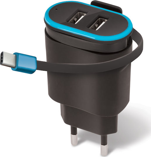 Forever Φορτιστής με 2 Θύρες USB-A και Καλώδιο USB-C Μαύρος (TC-02)