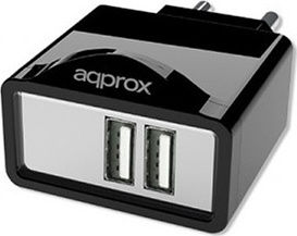 Approx Зарядно без кабел с 2 USB-A порта Черен (APPUSBWALL21B)