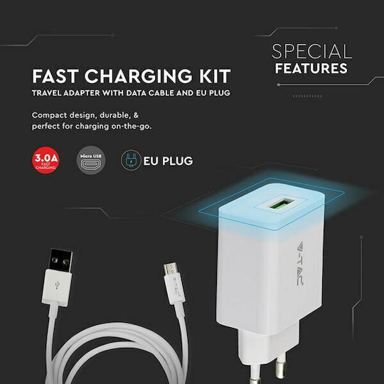 V-TAC Încărcător cu Port USB-A și Cablu micro USB 18W Albς (VT-5381)