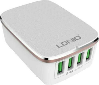 Ldnio Wall Adapter with 4 USB-A ports 22W in White Colour (A4404)