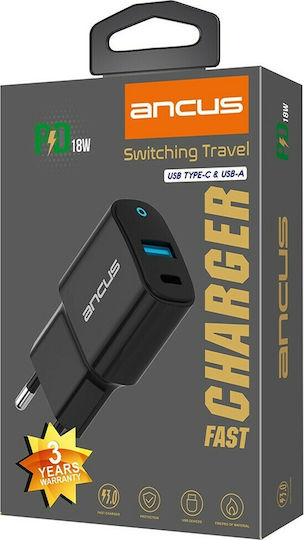 Ancus Φορτιστής Χωρίς Καλώδιο με Θύρα USB-A και Θύρα USB-C 18W Power Delivery Μαύρος (73083)