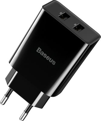 Baseus Încărcător cu 2 Porturi USB-A și Cablu Fulgerul 10.5W Negruς (TC-012)