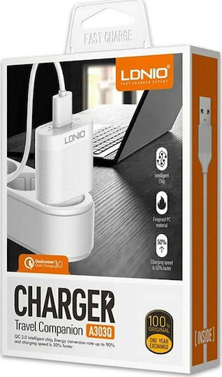 Ldnio Mobile Phone Charger with USB-A Output Port and micro USB Cable 18W Quick Charge 3.0 White