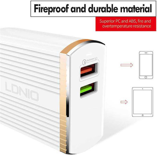 Ldnio Charger with 2 USB-A Ports and Cable micro USB 30W Quick Charge 3.0 Whites (A2502Q)