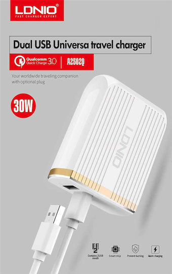 Ldnio Charger with 2 USB-A Ports and Cable micro USB 30W Quick Charge 3.0 Whites (A2502Q)