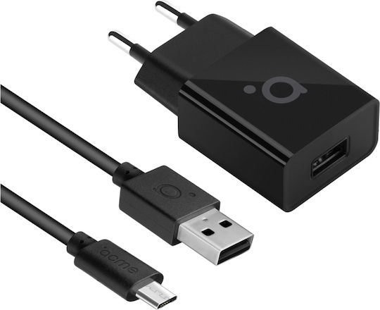 Acme Φορτιστής με Θύρα USB-A και Καλώδιο micro USB 12W Μαύρος (CH211)