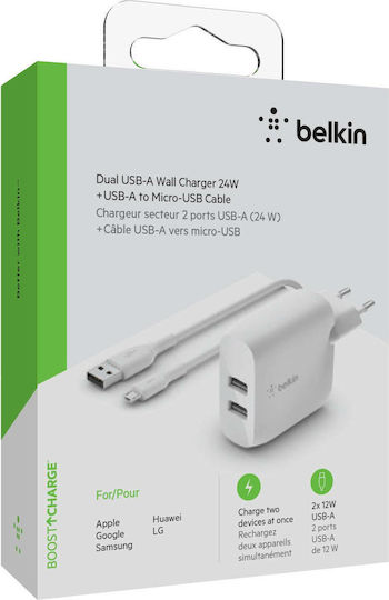 Belkin Charger with 2 USB-A Ports and Cable micro USB 24W Whites (WCE002vf1MWH)